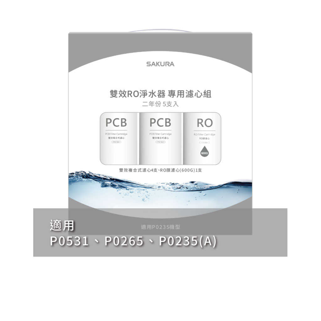 【SAKURA櫻花】雙效RO淨水器專用濾心5支入二年份 含濾心4支+RO膜1支 F2196(無安裝)
