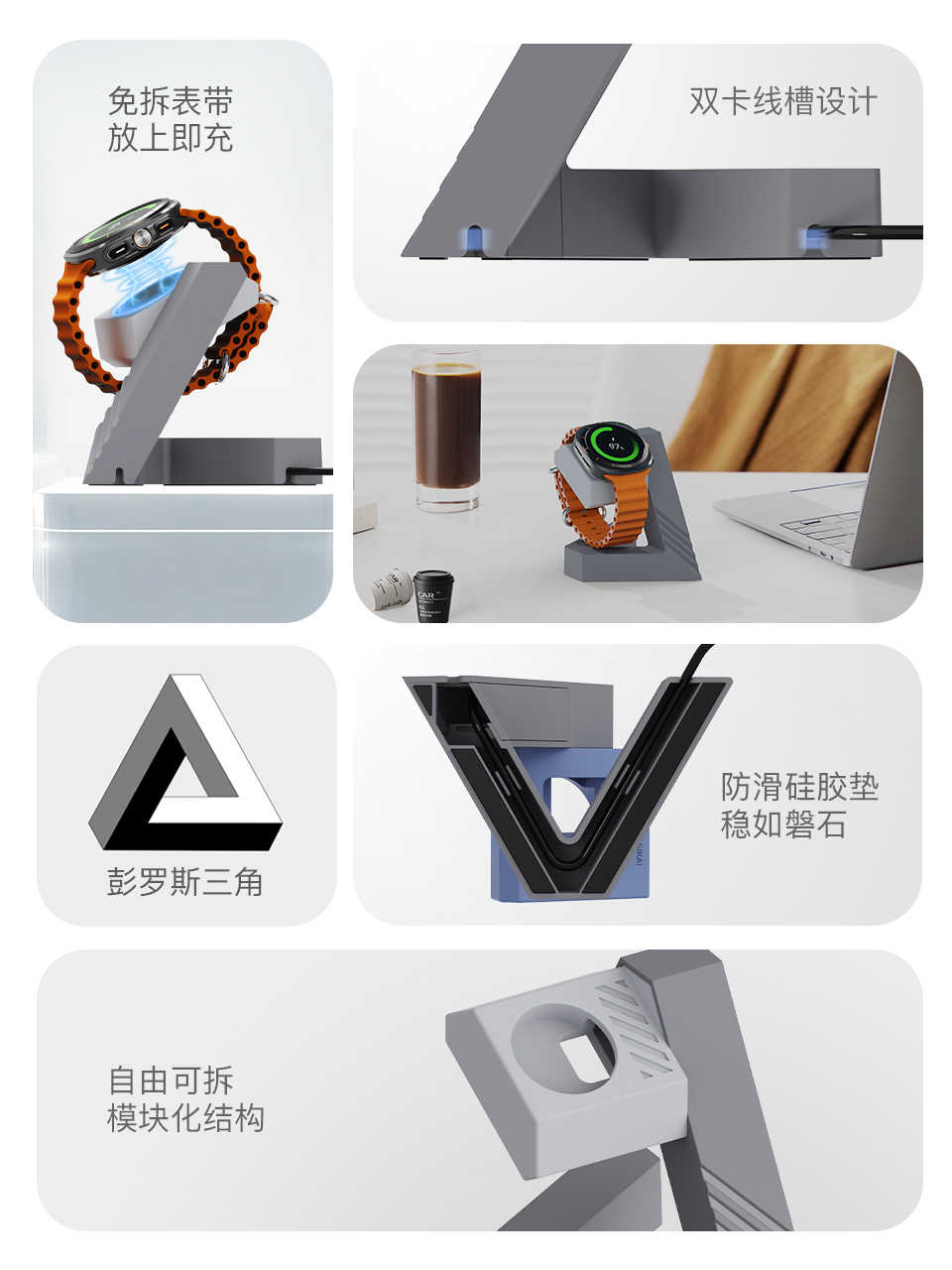 Godimento 適用於三星 Watch Ultra/7/6 充電底座 | 三角幾何設計 | 兼容 Galaxy Wa