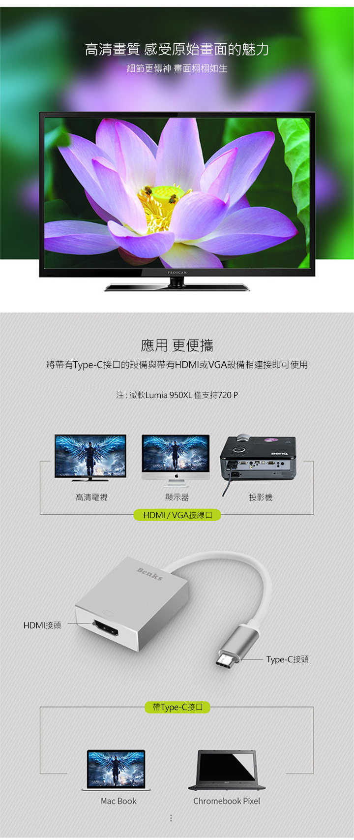 Benks USB Type-C 轉 VGA 轉接器 隨插即用 VGA 轉接器 筆電外接螢幕轉接器 USB 轉 VGA