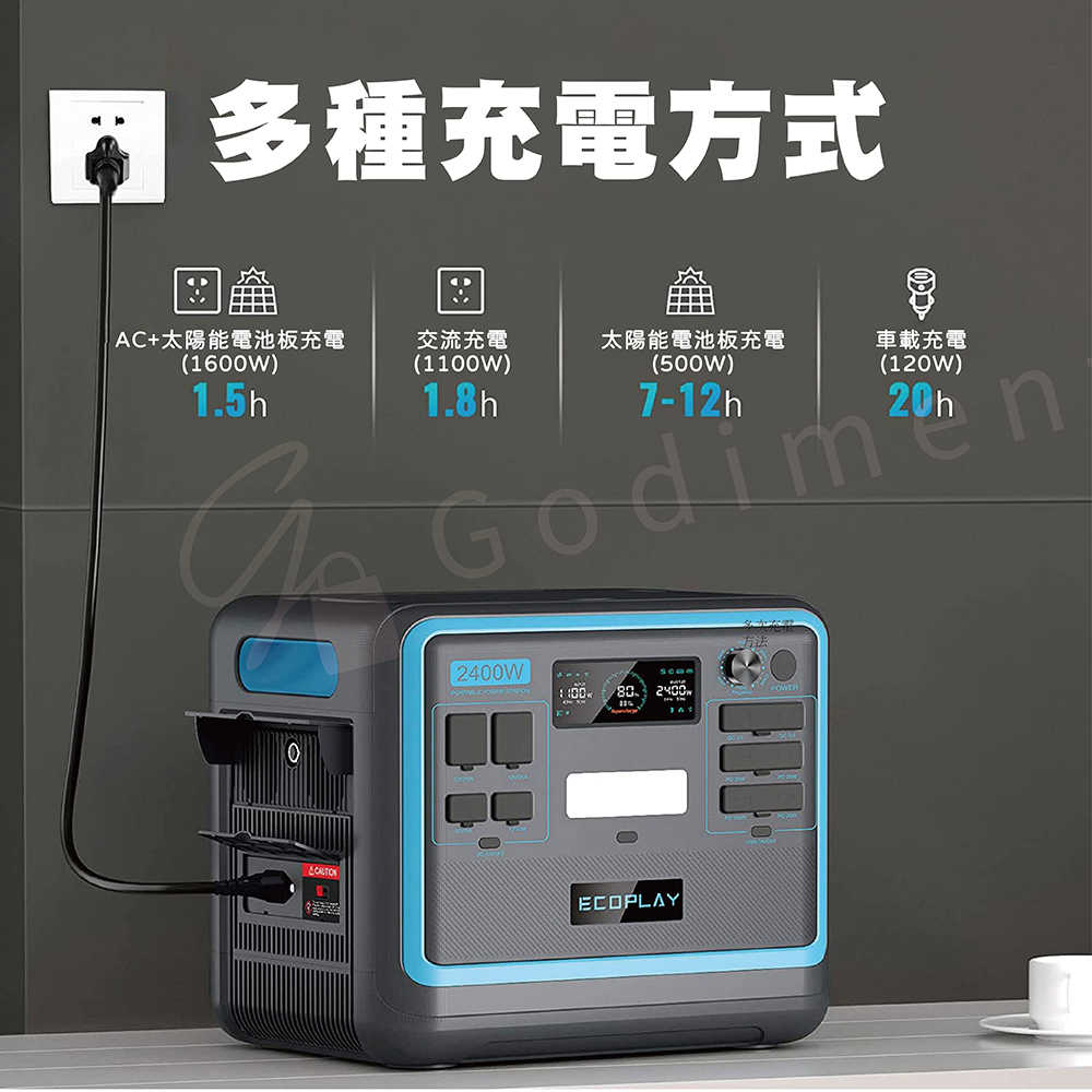 EcoPlay 2400W 戶外電源發電站 大容量電池 行動電源 備用電源 緊急充電 電器充電 停電設備