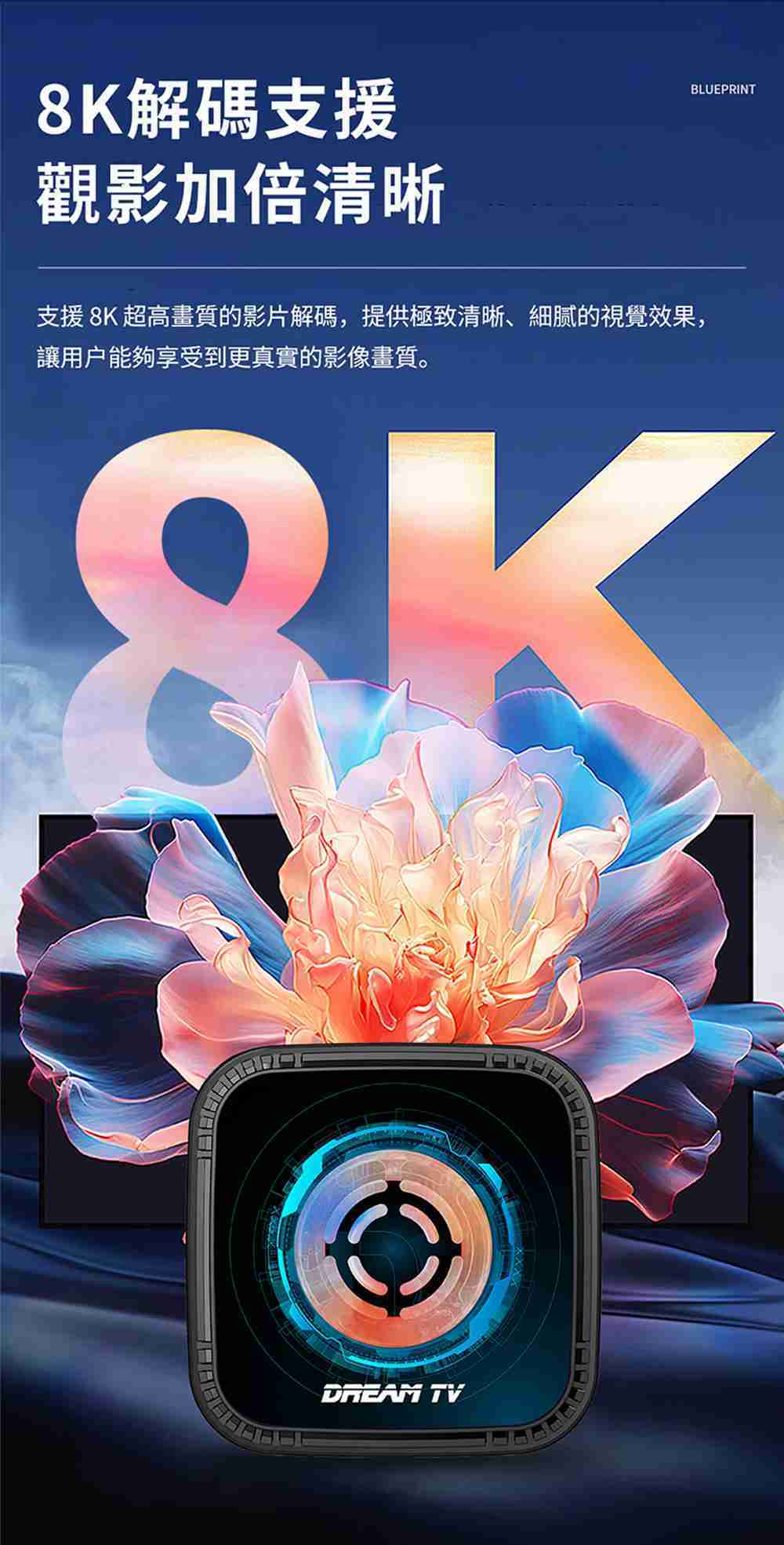 Dream夢想盒子．七代藍圖 - Android 14 8K超清影音智慧語音電視盒 機上盒 支援WiFi 6與64GB大