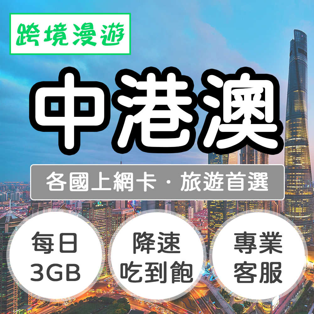 中港澳上網卡【每日3GB】降速吃到飽｜中國、香港、澳門
