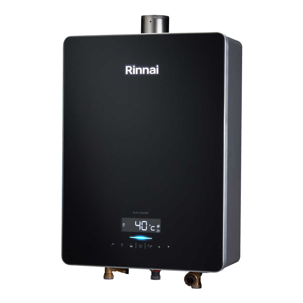 【Rinnai 林內】16L屋內強制排氣型熱水器(三段火排、水量伺服、黑色玻璃前板) RUA-C1628WF