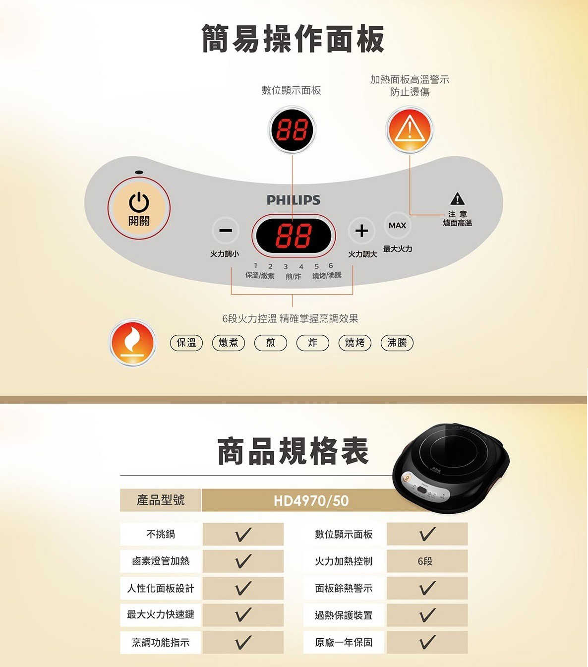 【福利品】 PHILIPS 飛利浦 黑晶爐 HD4970 【不挑鍋具 / 6段火力 / 光熱烹調】