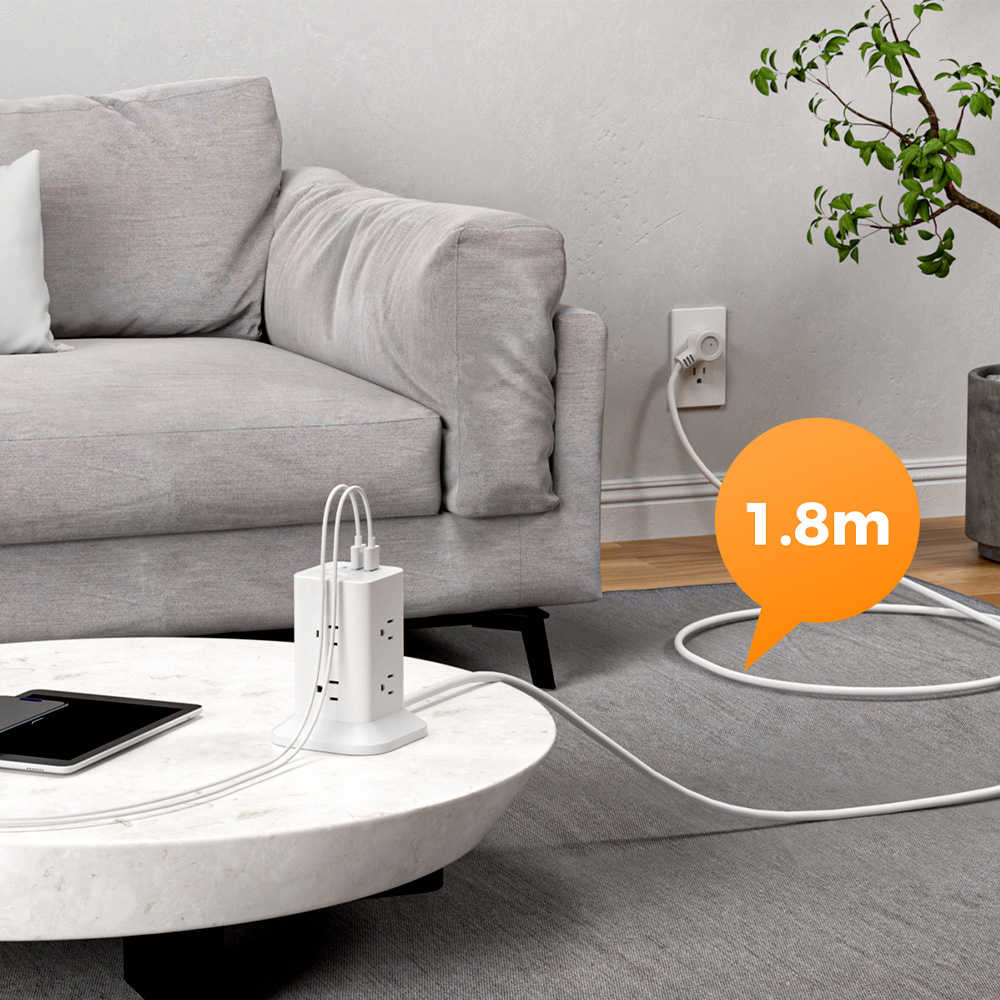 TESSAN 1開8插3P USB+PD20W立式桌上型延長線-1.8米