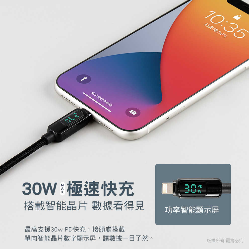 aibo 真。極速Type-C to Lightning PD30W數位顯示快充傳輸線(1M)