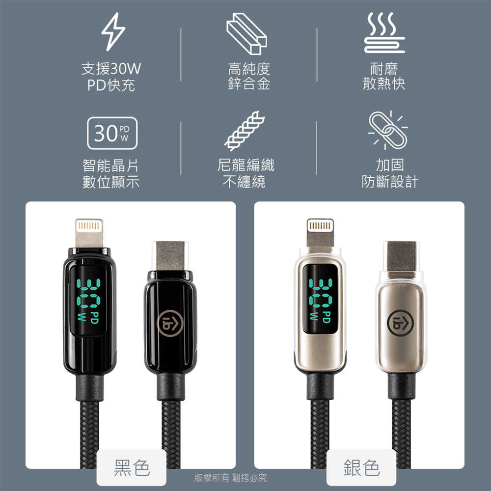 aibo 真。極速Type-C to Lightning PD30W數位顯示快充傳輸線(1M)