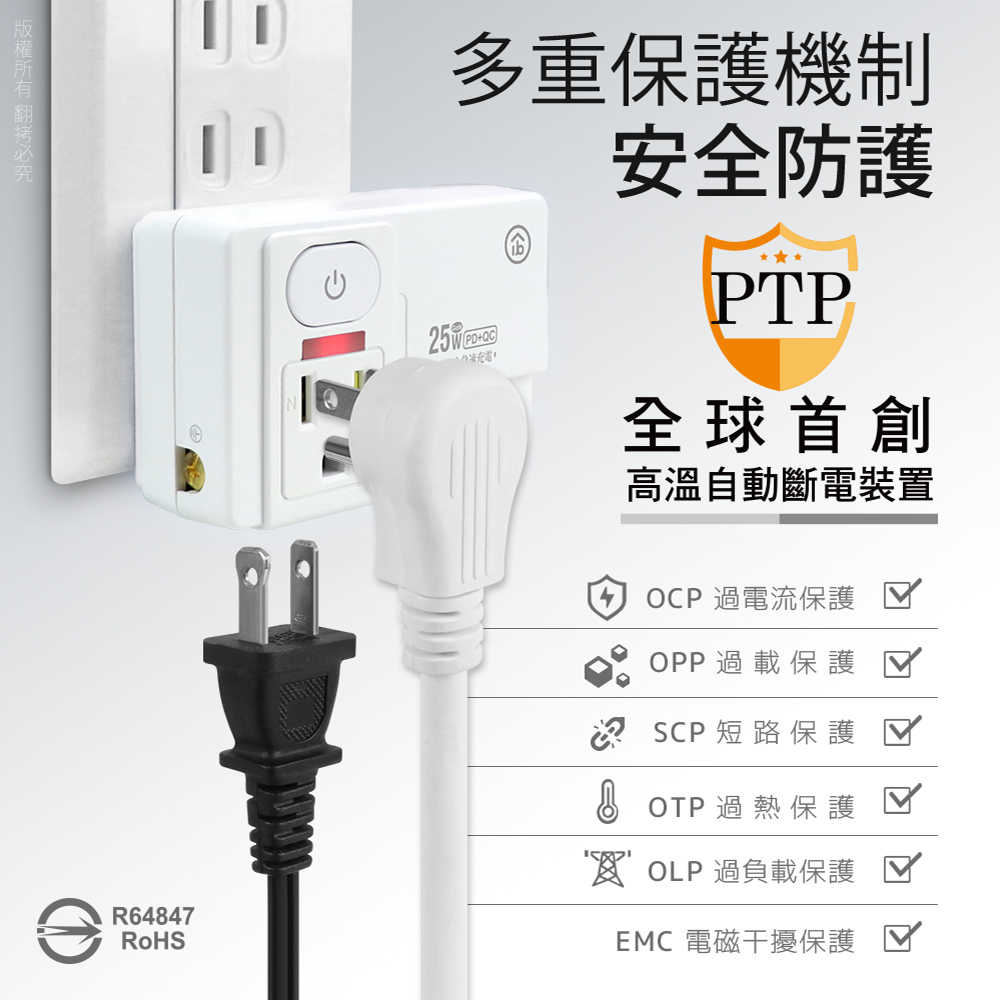 aibo GaN氮化鎵 平壓式1開2插 高溫斷電智慧 PD25W快充 USB壁插