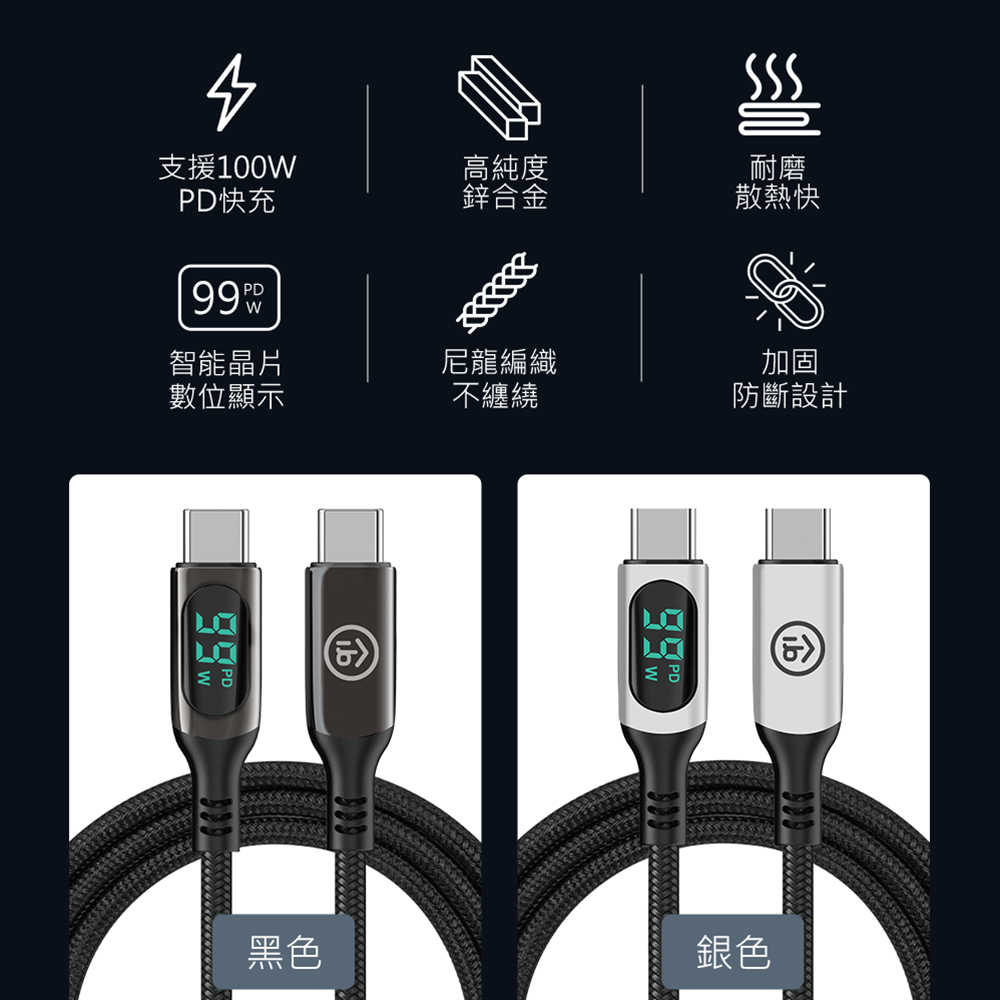 aibo 真。極速 PD100W 雙Type-C 數位顯示PD快充線(1M)