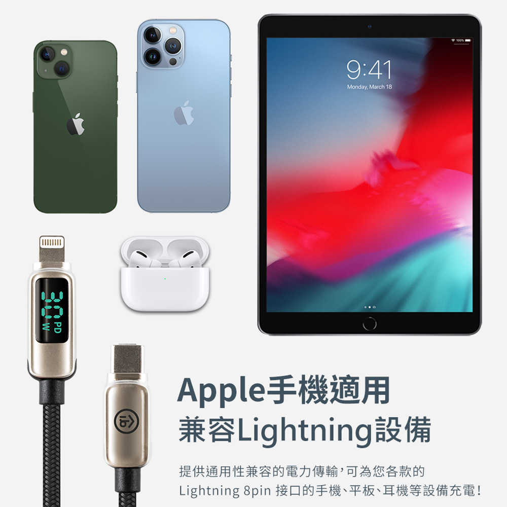 aibo 真。極速Type-C to Lightning PD30W數位顯示快充傳輸線(1M)