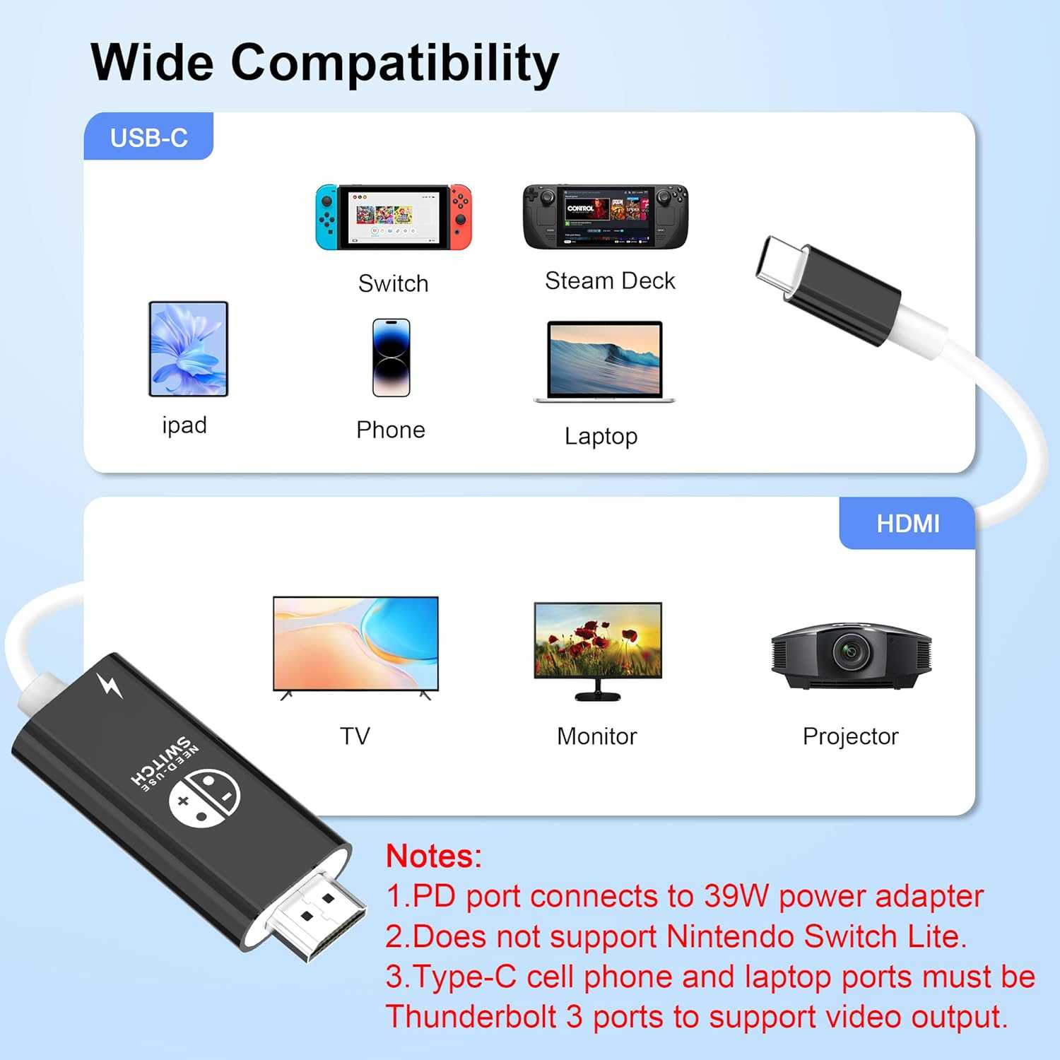 任天堂 Switch USB-C轉HDMI 轉接器 Type-C轉 HDMI 轉換線 4K/1080P 100WPD