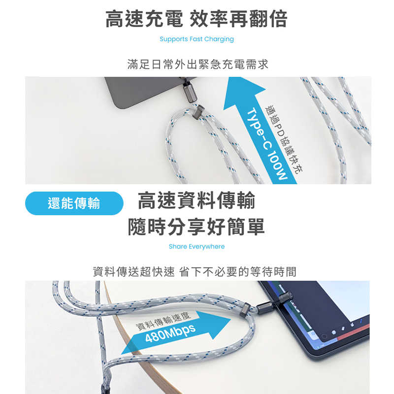 MOZTECH® 掛繩充電線 便攜充電線 掛繩式快充 防丟充電線 可攜掛繩 高速充電 雙繩背帶 Type-C Light