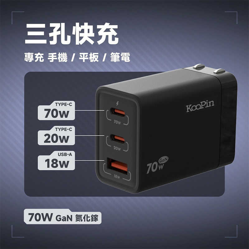 KooPin 氮化鎵 70W快速充電器（三孔）多孔充電器 旅充 氮化鎵 PD快充 快充頭 三孔 電源供應器