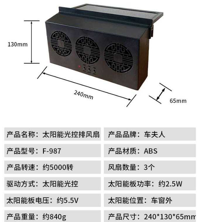三出風口排風扇可充電款 太陽能國潮版 雙功能汽車排風扇散熱風扇