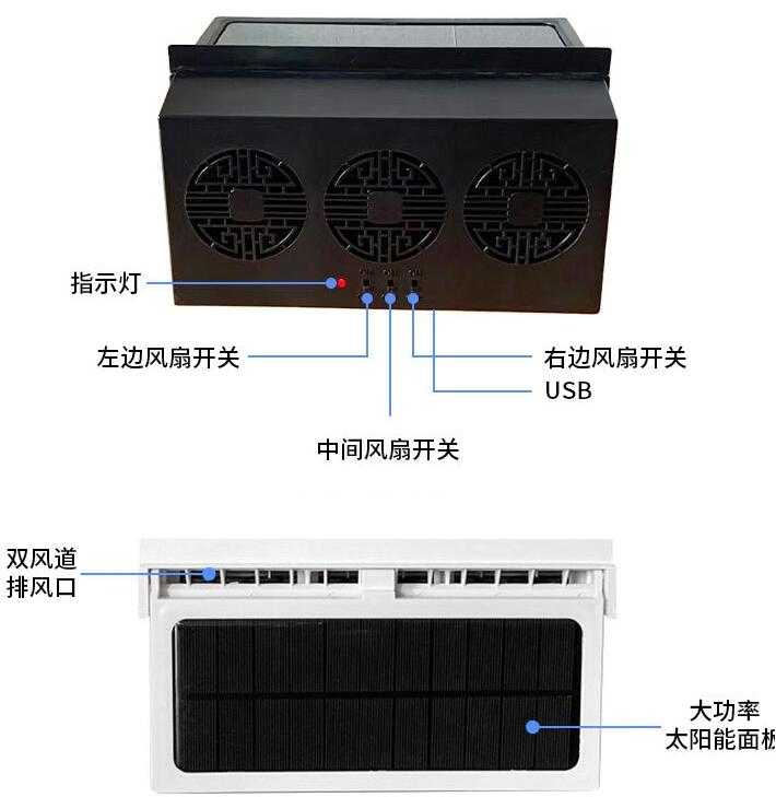 三出風口排風扇可充電款 太陽能國潮版 雙功能汽車排風扇散熱風扇