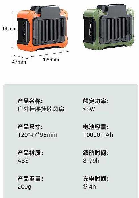 1萬mAH 風扇 充電寶 太陽能充電 LED照明燈 四合一功能 掛腰 掛脖頸掛隨身腰掛