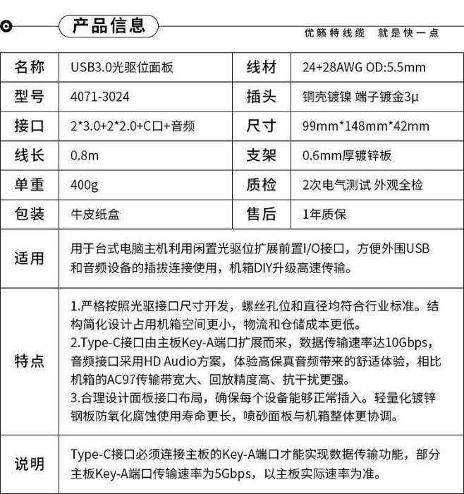 【紘普】機殼前置5.25吋USB3.1+USB3.0+2.0+Audio擴充面板 支援主機板Type-E/Key-A