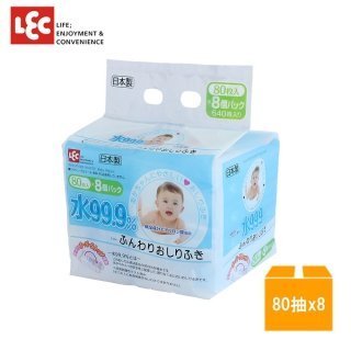 【日本LEC】純水99.9%一般型濕紙巾(串包80抽X8包)