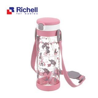 【Richell 利其爾】第四代LC 450ml 吸管式冷水壺 - 粉紅派對【附背帶】