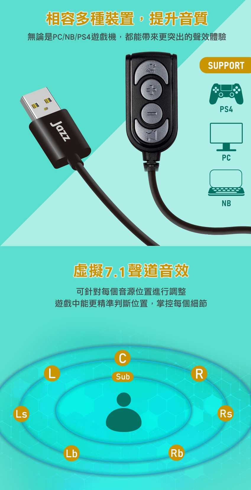 INTOPIC 廣鼎 JAZZ-UB85 USB 7.1ch音效轉接器-富廉網