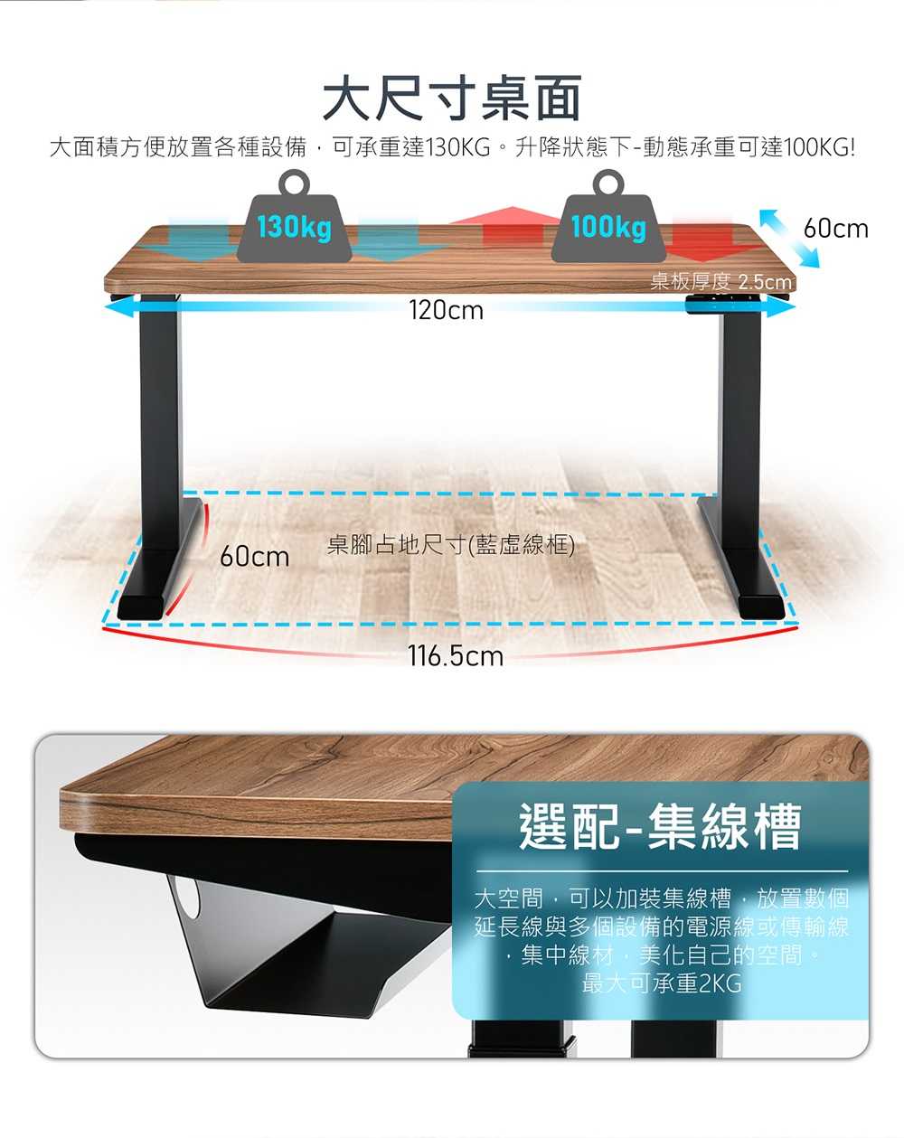 iRocks D01-SS 電動升降桌 120*60 美國胡桃木 + 集線盒 [自行組裝+一般地區] [富廉網]