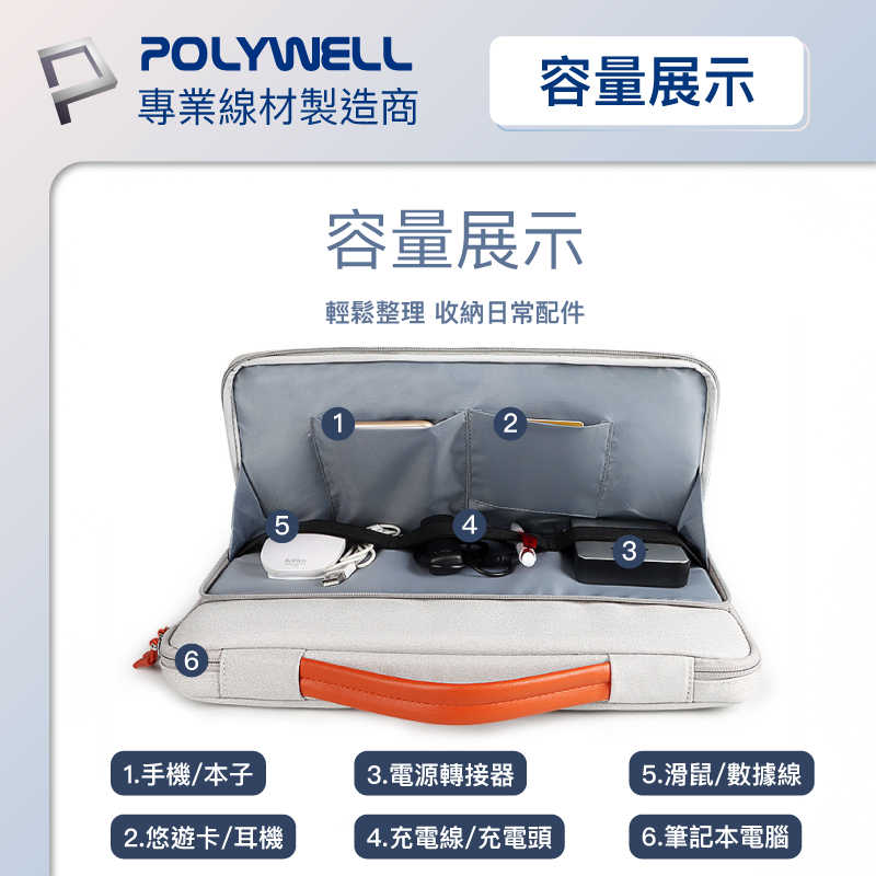 POLYWELL 時尚手提筆電包 電腦包 防撥水材質 防震防刮內襯 配件分開放置 適合上班出差旅遊 寶利威爾 台灣現貨