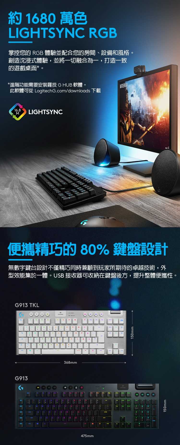 Logitech 羅技 G913 TKL 無線 RGB機械式電競鍵盤 中文(短軸)  -富廉網