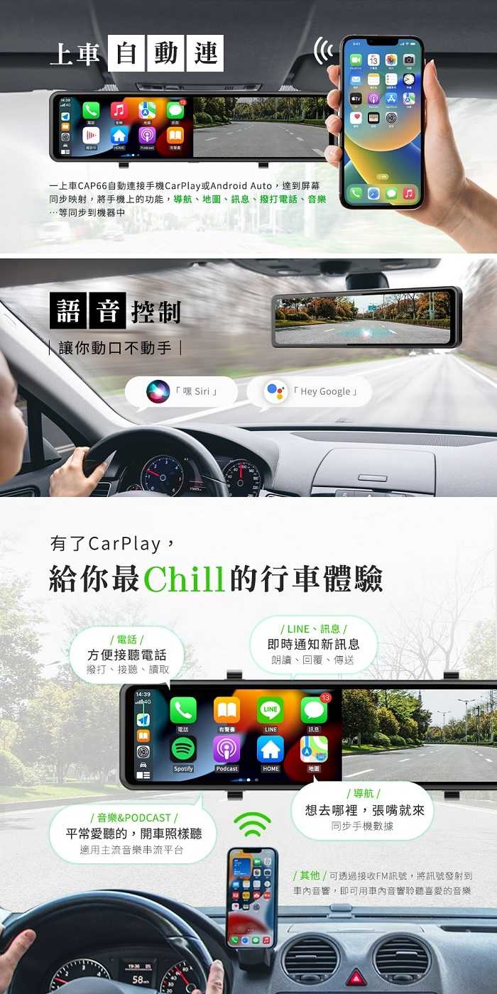 Philo 飛樂 CAP66 CarPlay/Android Auto 4K高畫質 雙鏡頭行車紀錄器 電子後視鏡 贈64