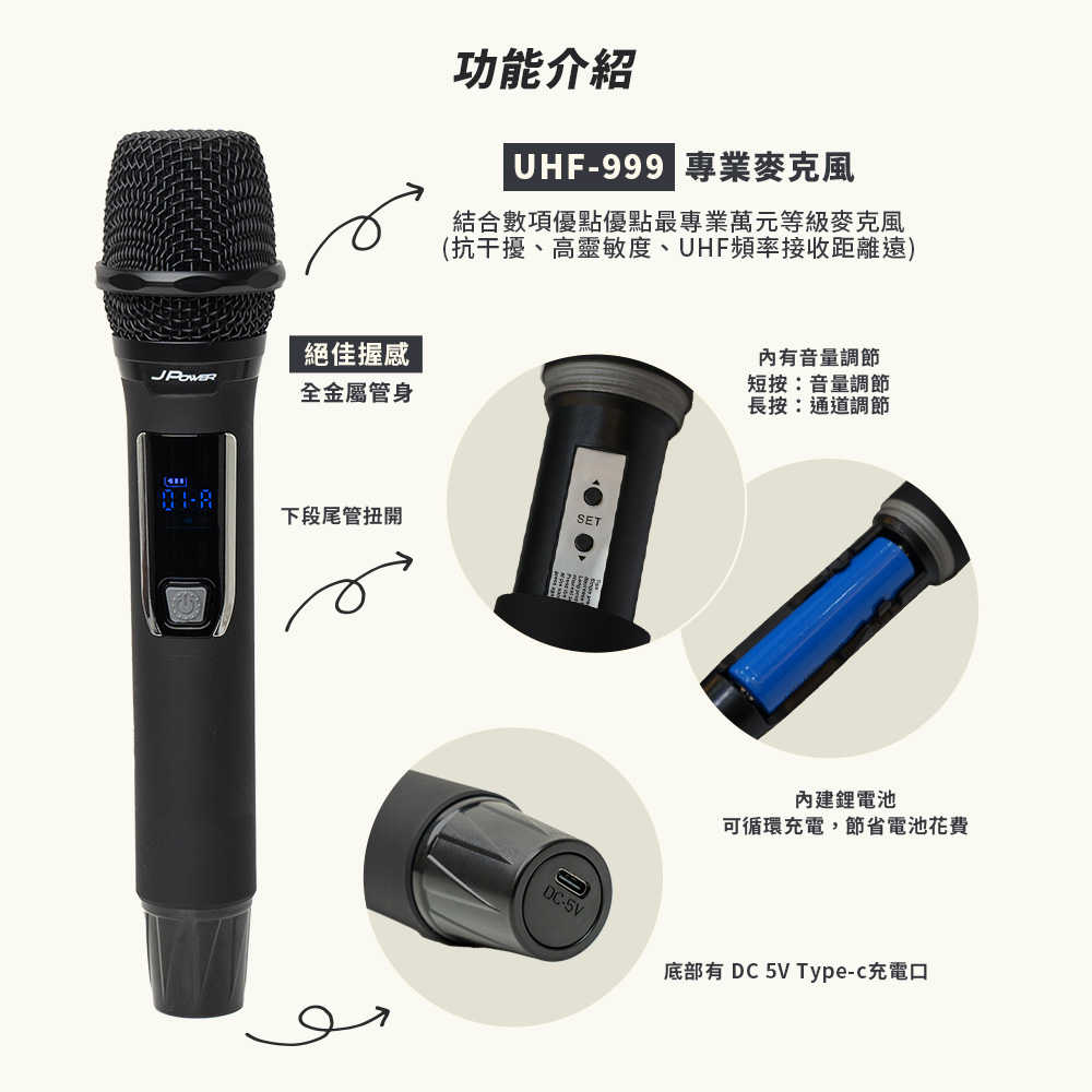 J-POWER 杰強 UHF-999(888HX) 震天雷 行動式無線麥克風-單機型 [富廉網]