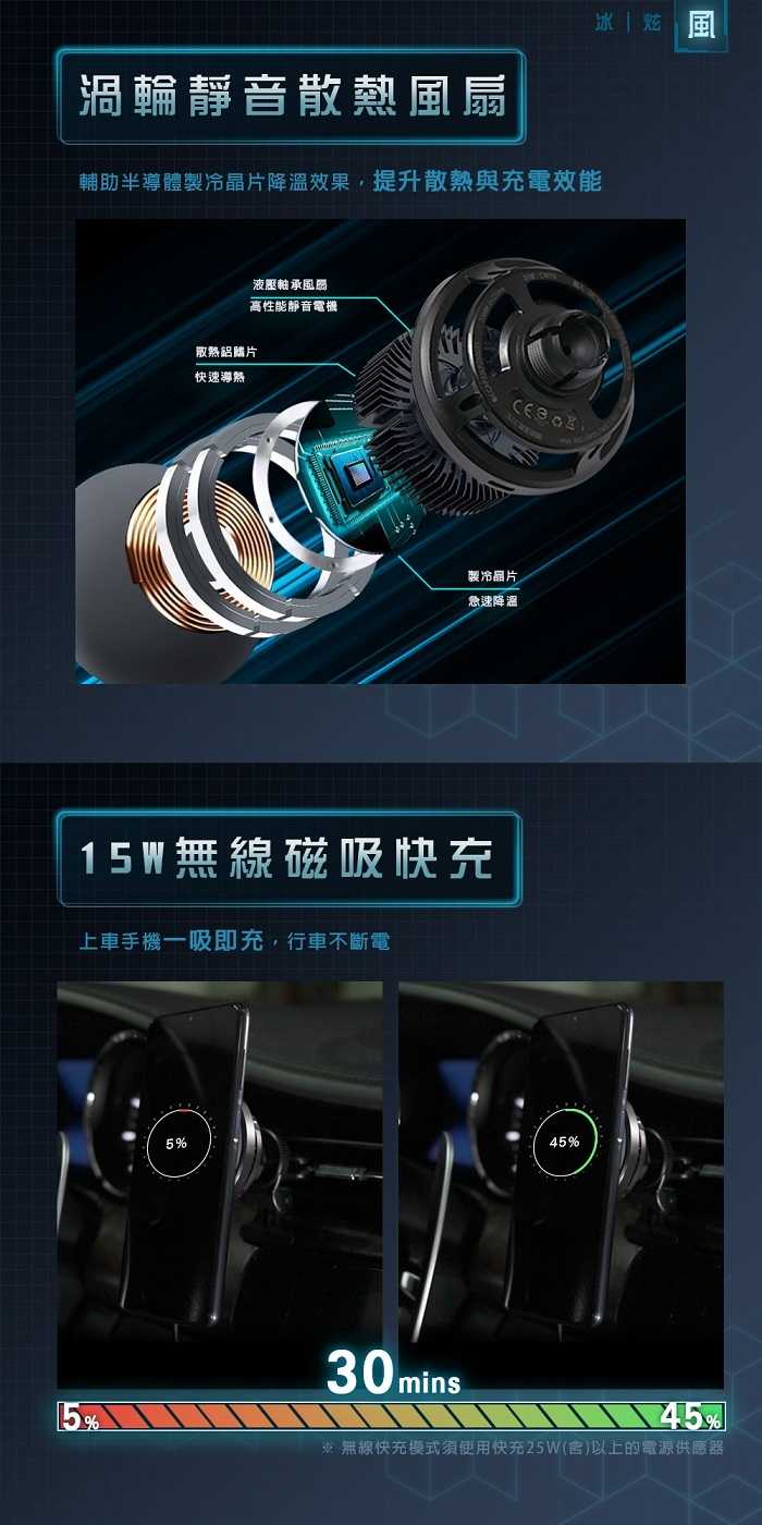 Philo 飛樂 CW15 冰炫風 15W無線磁吸快充 製冷散熱手機車架