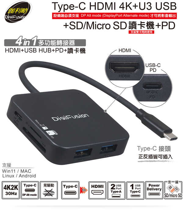 DigiFusion 伽利略 USB Type-C 四合一多功能HUB 擴充埠 CUHR2C  [富廉網]