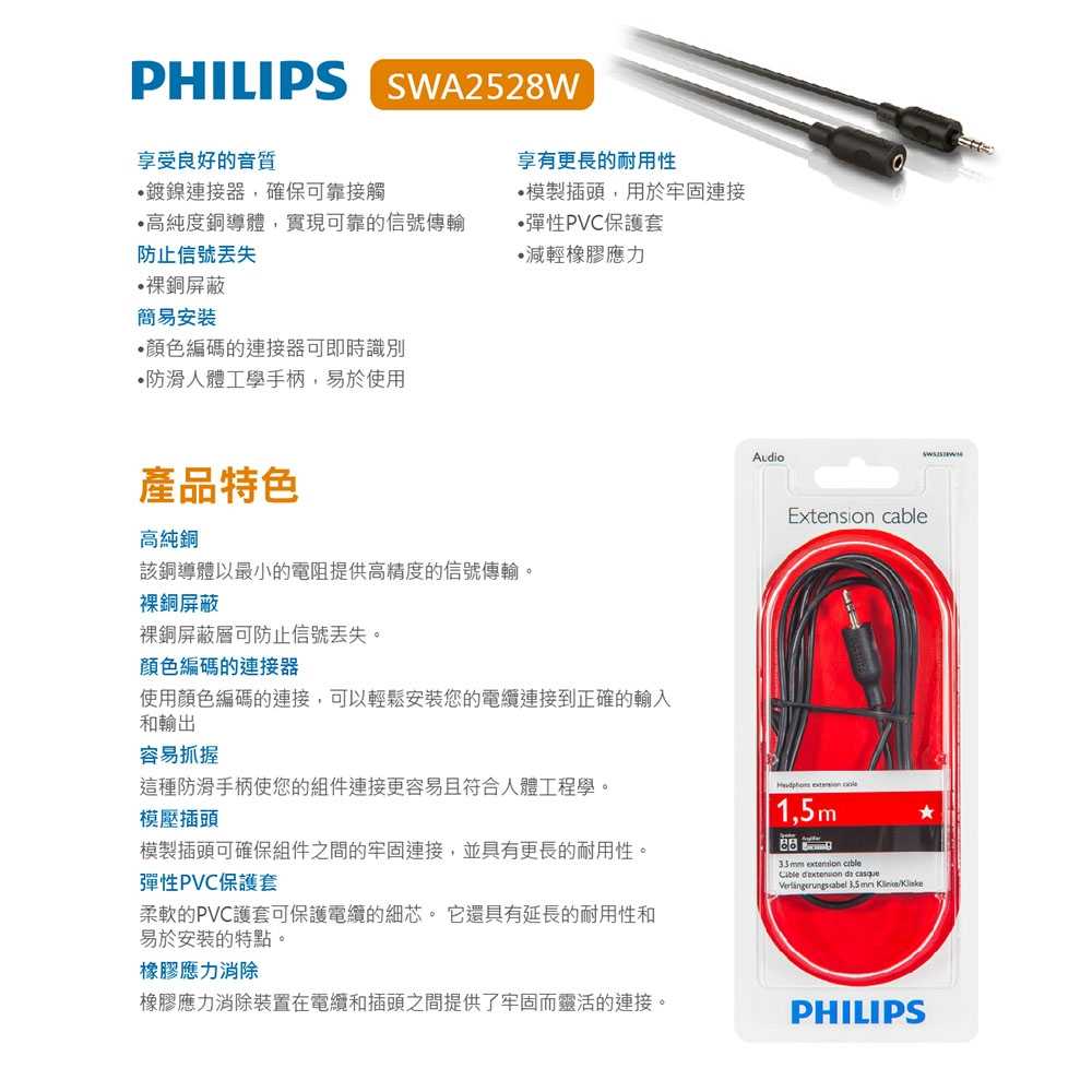 PHILIPS 飛利浦 1.5M 3.5mm 音源延長線 SWA2528W [富廉網]