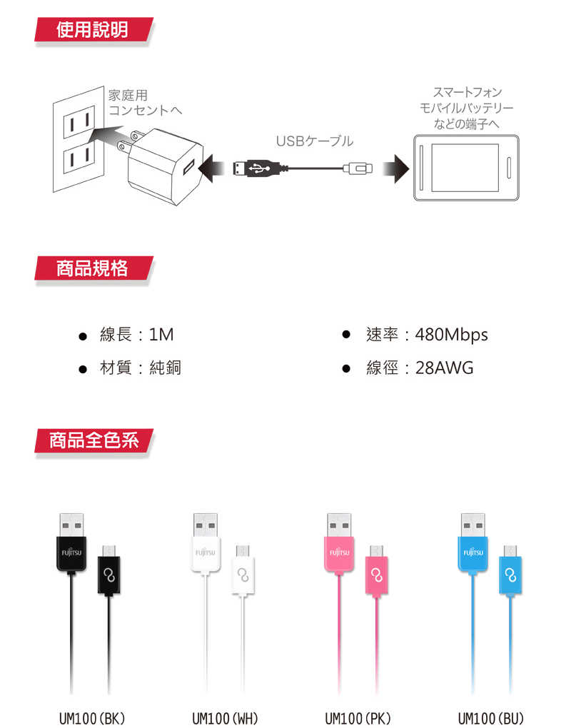 FUJITSU 富士通 UM100 MICRO USB傳輸充電線-1M [富廉網]