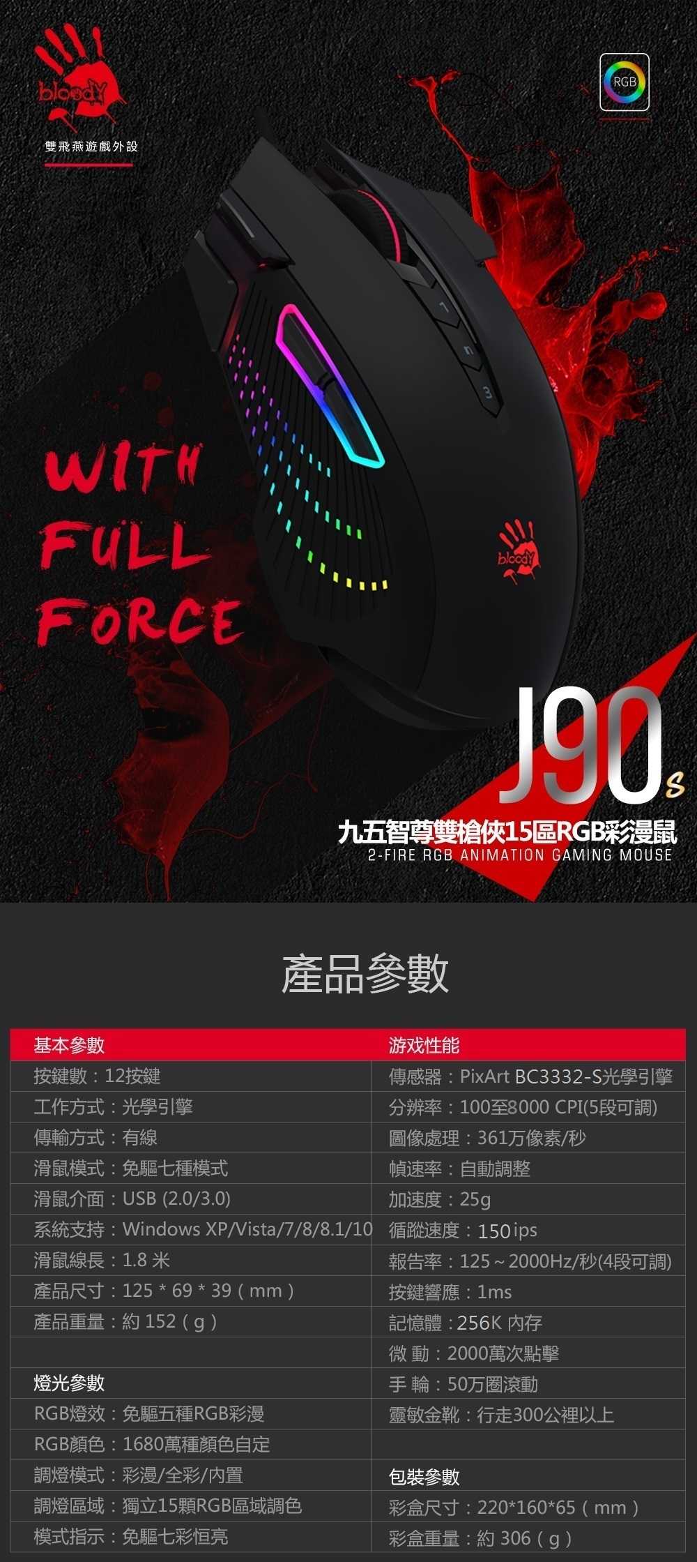 【A4 雙飛燕】BLOODY J90S 雙槍俠 15區 RGB電競鼠 [富廉網]