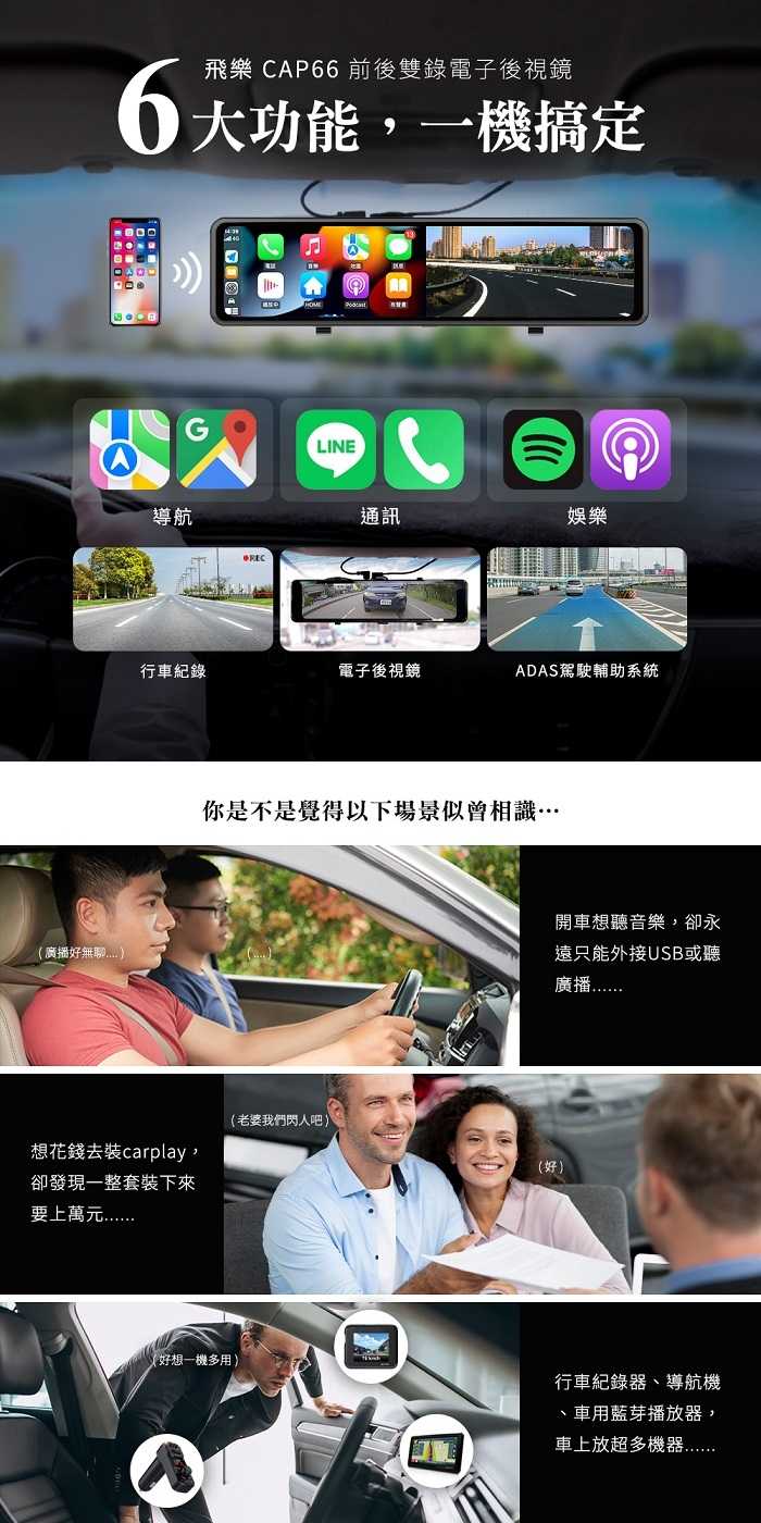 Philo 飛樂 CAP66 CarPlay/Android Auto 4K高畫質 雙鏡頭行車紀錄器 電子後視鏡 贈64