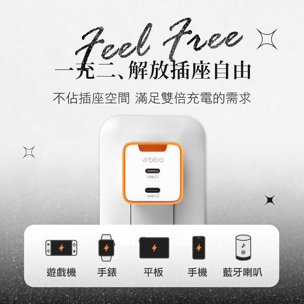 bitro BG45CC GaN 45W氮化鎵PD雙孔快速電源供應器 C+C快充頭