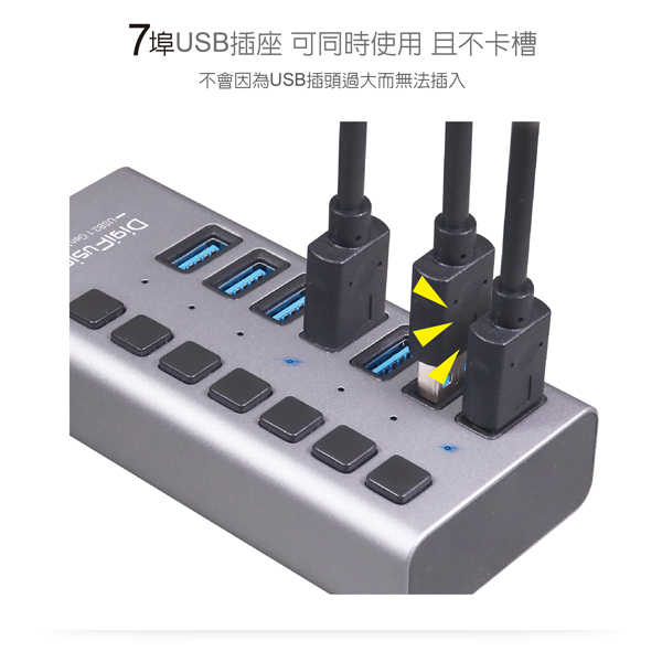 伽利略 USB3.1 Gen1 7埠 HUB 鋁合金 獨立開關(PEC-HC707) 附電源線
